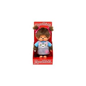 Sekiguchi 203895 - Monchhichi Fille Original avec Robe à Bretelles et Visage de Chat, Peluche d'environ 20 cm en Peluche Marron