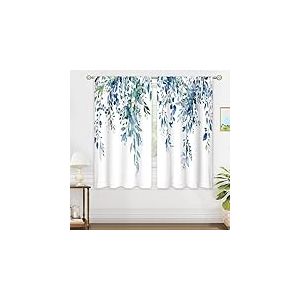 oolygoo Rideaux de fenêtre, Motif de Fleurs Sauvages, Plantes Sauvages, Herbe et Feuilles d'eucalyptus, Fleur Turquoise, Aquarelle, pour Chambre à Coucher, Salon, Bleu Sarcelle, 106 x 114 cm (l x h)