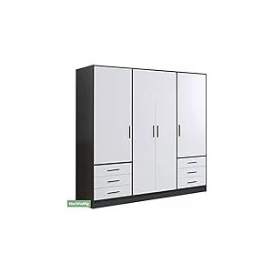 Forte Jupiter Armoire 200 210, Armoire, Armoire à Portes battantes, 4 Portes, avec 6 tiroirs et étagères, Noir Blanc, 206,5 cm de Large x 60 cm de Profondeur x 200 cm de Haut