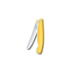Victorinox Swiss Classic Couteau de pique-nique pliable pour les randonnées, fruits, légumes, petits pains, saucisses, à lame crantée, extra-tranchante, Jaune