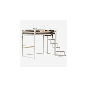 MEUBLE COSY Lit Mezzanine 2 Places 140x200cm avec Sommier &agrave; Lattes en Bois d'ing&eacute;nierie et m&eacute;tal, Style Industriel, pour Adulte Enfant Chambre &agrave; Coucher Maison, Blanc+Ch&ecirc;ne
