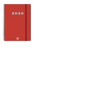 Finocam My Agenda &agrave; spirale 2026 semainier horizontal de janvier &agrave; d&eacute;cembre 12 mois avec &eacute;lastique et couverture rigide &agrave; spirale Rouge Catalan