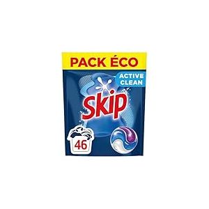 Skip - Lessive Capsules Tout en 1 Active Clean - Propreté Impeccable - Fraîcheur Longue Durée - Détache les vêtements tout en respectant fibres et couleurs - 46 Lavages