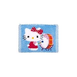 Vervaco Kit Tapis Point Noué Á Faire HELLO KITTY AVEC TAMBOUR Broderie Debutant DIY Latch Hook Kit Complet Decoration Maison Manuelle Loisir Créatif ca. 55 x 40 cm Embroidery