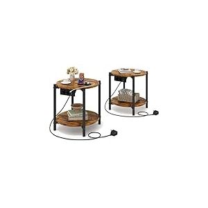 IRONCK Table d'Appoint Ronde, Bout de Canape avec Multiprise, 2 Prises CA, Port USB et Port Type-C, Petite Table Bois 2 Etages, Table de Chevet, pour Salon, Chambre (Marron Vintage, 2 pi&egrave;ces)