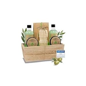 accentra Set cadeau Wellness olive dans un panier en bois, set de soins pour femmes 6pcs enrichi en huile d'olive