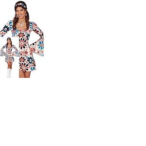FIESTAS GUIRCA D&eacute;guisement Hippie Fleur Femme - Robe Hippie Courte Ann&eacute;es 70 avec Motif Fleur et Bandeau Hippie - D&eacute;guisement Disco Ann&eacute;es 60 pour Femme Taille M