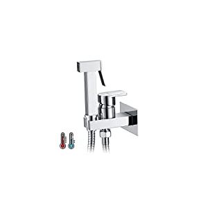 IBERGRIF, Douche Bidet WC Encastré Carré Kit Set avec Flexible, Support, Douchette, Eau Chaude et Froide, Chromé, Argent