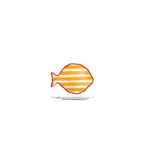 H&H – Set de 6 assiettes en mélamine en forme de poisson – 28 cm – Décor rayé jaune, blanc et bord rouge – Style marin, résistantes, lavables en lave-vaisselle