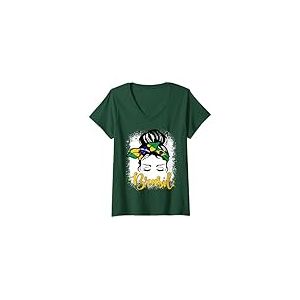 Femme Drapeau du Brésil mignon chignon désordonné maman fille Brésil Pride T-Shirt avec Col en V