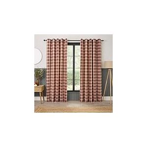 Curtina Everett Rideaux à œillets pour Salon, 117 x 137 cm, Rouge, 100% Polyester recyclé, filtrage de la lumière, Tissage Jacquard Traditionnel, Carreaux