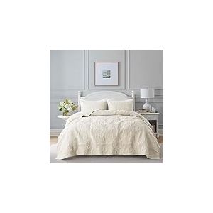 Parure de lit damassée 3 pièces avec Couvre-oreillers pour très Grand lit, Couvre-lit matelassé Fin et bohème pour Toutes Les Saisons, Printemps et été, Ivoire, 264,2 x 228,6 cm
