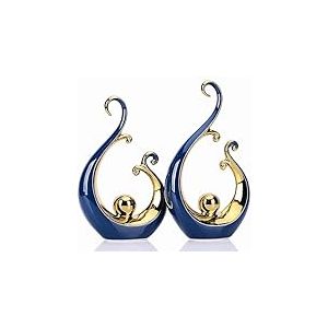 Lot de 2 Statues abstraites en céramique, Art déco Moderne, décoration d'intérieur Bleue et dorée, décoration de Bureau, décoration d'étagère, décoration de Manteau de Sol, décoration de Table Basse,