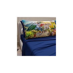 PETTI Artigiani Italiani - Parure de Draps en Coton pour Lit 1 Place et Demi Française avec Taies d'oreiller et Drap Housse 140x200, Motif Ischia Bleu Électrique, 100% Fabriqué en Italie