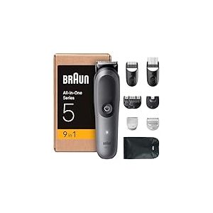Braun Tondeuse Tout-En-Un Series 5, 9-En-1, Lame Ultra Affûtée, 120 Min D’autonomie, Protection SkinGuard Pour Le Corps, Coupe Précise Et Efficace, Manche AquaGrip Pratique Sous L'eau, AIO5545, Gris