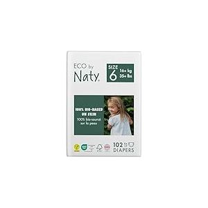 Eco by Naty - Couches &eacute;cologiques &agrave; base de plantes, parfaites pour la peau sensible de b&eacute;b&eacute; et qui emp&ecirc;chent les fuites (Taille 6 - 102 couches) - Pack 1 mois