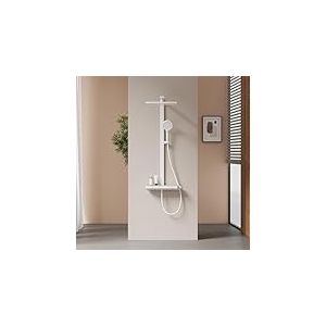 EMKE Colonne de douche thermostatique, douche de pluie avec douche à main 4-en-1, barre de douche avec plaque thermostatique de 40 cm, douche de pluie thermostatique, blanc mat, 1050 x 401 x 573 mm