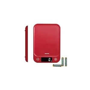 Salter 1067 RDDRA Balance de cuisine numérique - Balance alimentaire électronique d’une capacité de 5 kg, balance de cuisson avec fonction Tare, plate-forme ultra mince pour un rangement facile, rouge