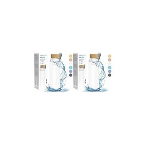 Aquafloow Flacons d'eau Transparents, Brosilicate &Eacute;tui en N&eacute;opr&egrave;ne 700 ml, Bouteille d'eau en Verre avec Couvercle en Bambou, Sans BPA | Id&eacute;ale pour Le Bureau, L'&eacute;cole, La Maison &ndash; Blanc (Lot de 2)