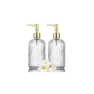 KOOSREEL Distributeur Savon, Lot de 2 flacons de Savon en Verre Polyvalents sans Gouttes de 500 ML, Distributeur de Liquide Rechargeable pour Salle de Bain, comptoir, Cuisine, buanderie, Transparent