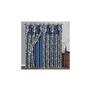 GOHD Royal Rosarium Lot de 2 Rideaux de fenêtre en Voile Jacquard avec cantonnière Fantaisie et Envers en Taffetas Bleu Ciel Nocturne 137 x 213 cm