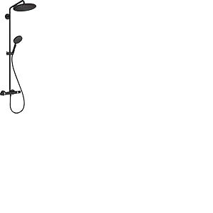 hansgrohe Croma Select S - Colonne de douche avec mitigeur thermostatique, douche pluie (280 mm) avec robinet baignoire, douchette (3 jets), support, flexible, barre et douche de tête ronde, Noir mat