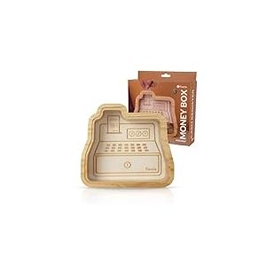 Fisura &ndash; Tirelire Enfant en Forme de Caisse Enregistreuse. Tirelire en Bois et M&eacute;thacrylate avec Design Transparent pour Pi&egrave;ces et Billets. 19 x 17,5 cm.