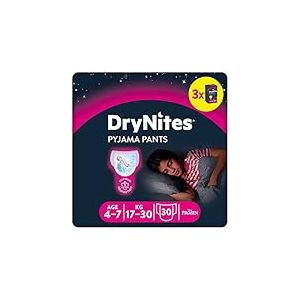 DryNites Huggies Couches de nuit absorbantes pour pipi au lit, pour filles de 4 à 7 ans (17 à 30 kg), 3 x 10 = 30 culottes, boîte mensuelle