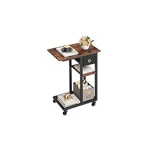 YITAHOME Table d'appoint, C Form Bout de Canapé avec roulettes e Tiroir, Table Basse pour Café et Ordinateur Portable, pour Salon, Chambre à Coucher, 50 x 30 x 67 cm, Brun Rustique