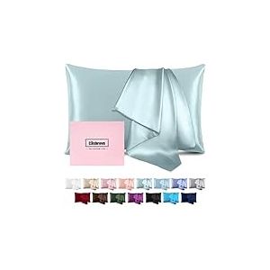 Taie d'oreiller en Soie pour Cheveux et Peau, Douce et Respirante, Lisse des Deux c&ocirc;t&eacute;s, avec Fermeture &eacute;clair, taie d'oreiller pour Un Sommeil r&eacute;parateur (Standard, Bleu Brume)