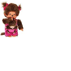 Sekiguchi 236200 - Original Monchhichi m&egrave;re avec b&eacute;b&eacute;, en Peluche Marron, avec Robe Rose et Noeud dans Les Cheveux, env. 20 cm