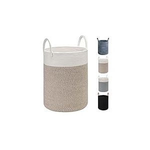 TOTANKI Grand panier &agrave; linge en corde de coton - 40 cm (P) x 50 cm (H) - Panier tiss&eacute; pliable avec poign&eacute;es en cuir pour ranger v&ecirc;tements, couches, jouets (blanc/marron)