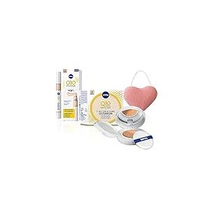 Nivea Q10 Plus Anti-Rides Skin Care Fondation Cushion Crème Colorée Anti-Âge 01 Light-Medium 15 ml & Eye Care Cushion Correcteur Cernes 02 Nude 5 ml, Coffret cadeau avec Nivea Soft Mini 25 ml gratuit