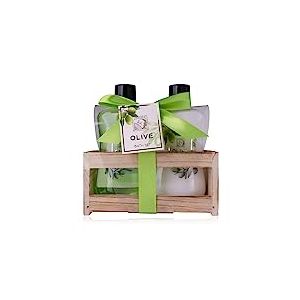 Accentra-Set de douche pour femmes Set cadeau OLIVE dans une belle boîte en bois - Set de 2 pièces avec gel douche et lotion corporelle-Cadeau bien-être idéal pour anniversaire, Saint-Valentin & Noël