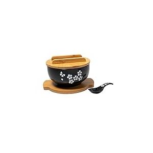 lachineuse - Grand Bol Asiatique en Porcelaine - Soupe & Nouilles - Teinte Noire ⌀ 16 cm - Style Japonais Sakura - Contenance 1000 ml - Cuillère, Baguettes & Support - Déco Cadeau Vaisselle Japonaise