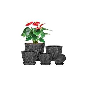 lokeisna Lot de 5 Pots pour Plantes en Plastique de 19,1/16,5/14,5/12,4/10,4 cm, Pot de Fleurs d'int&eacute;rieur Moderne d&eacute;coratif, Pots de Fleurs d'int&eacute;rieur avec Drainage et Soucoupe pour Toutes Les
