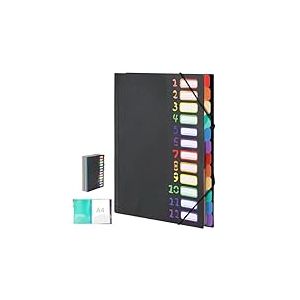 Euqvunn Trieur 12 Compartiments A4, 180° Lay-Flat Open Trieur Document, Classeur Rangement Documents avec bande élastique, Organiseur A4 noir avec étiquettes Rainbow Label, idéal pour bureau et école