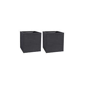 EDA - Pot Carré 40 cm Volcania 31 L - Décor Imitation Pierre - Double Paroi - Zone de Rétention d'eau - 39,5 x 39,5 x 43,5 cm - Gris Anthracite (Lot de 2)