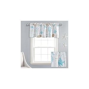 Lush Decor Harbor Life Cantonnière filtrant la lumière - 132,1 cm de Large x 45,7 cm de Long - Bleu et Taupe - Cantonnière de fenêtre en Coquillages - Rideau côtier - Cantonnière sur Le thème de