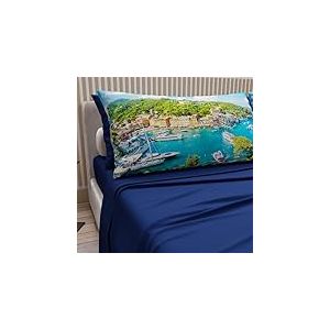 PETTI Artigiani Italiani - Parure de Draps en Coton pour Lit 1 Place et Demi Fran&ccedil;aise avec Taies d'oreiller et Drap Housse 140x200, Motif Portofino Bleu &Eacute;lectrique, 100% Fabriqu&eacute; en Italie