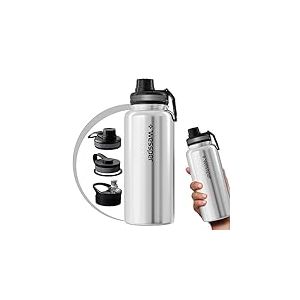 Wessper Bouteille d'eau en Acier Inoxydable sans BPA, Bouteille Isotherme pour l'eau 1 Litre, le Café et le Thé avec 3 Couvercles, Thermos pour le Sport, la Gym, le Vélo, le Plein Air – Argent
