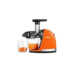 AMZCHEF Extracteur Jus - Extracteur de Jus de Fruits et L&eacute;gumes - Presses-agrumes &agrave; Froid sans BPA avec 2 Tasses et Brosse - Fonction de Mastication Invers&eacute;e pour &Eacute;viter les Blocages - Orange Vif
