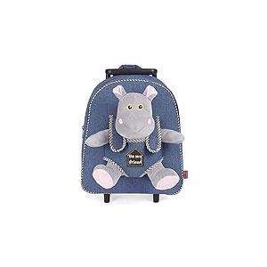 PERLETTI Sac à Roulette Scolaire Maternelle et Peluche Douce Enfant 3 4 5 Ans - Mini Sac à Dos avec Roues et Animal Doudou Amovible Fille Garçon - Sacoche Garderie avec Jouet - 29x32x11 cm (Hippo)