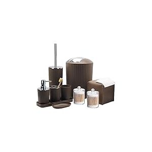 Ensemble d'accessoires de Salle de Bain - 10 pièces Marron avec Poubelle, Porte-Brosse à Dents et Tasse, Distributeur de Savon, Porte-Savon, Porte-Brosse de Toilette, Plateau de Coiffeuse, Support
