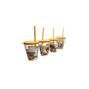 SNIPS, ensemble de 4 tasses avec bouchon et paille, 385 ml, d&eacute;cor de coiffeur et de p&acirc;tisserie, ensemble de 4 gobelets en plastique, avec bouchon r&eacute;utilisable et paille, Mustard