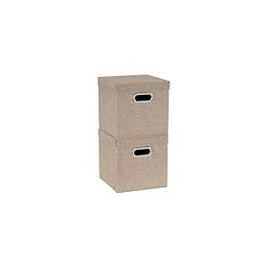 Household Essentials 802-1 Lot de 2 bo&icirc;tes de rangement cubiques avec couvercles et poign&eacute;es Marron lin