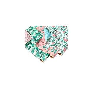 American Greetings Lot de 3 rouleaux de papier cadeau r&eacute;versible Motif palmiers, paresseux et flamant rose 100 m&sup2;