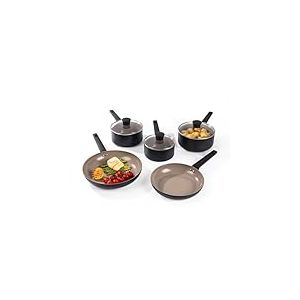 Salter Batterie de cuisine en c&eacute;ramique recycl&eacute;e 5 pi&egrave;ces &ndash; Casseroles 16/18/20cm, Po&ecirc;les &agrave; frire 24/28cm, Aluminium press&eacute;, Rev&ecirc;tement antiadh&eacute;sif sans PFOA ni PFAS, Des couvercles en verre tremp&eacute;