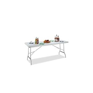 Relaxdays Table de jardin pliable BASTIAN optique rotin grande table pliante poign&eacute;es camping pique-nique HxlxP: 72 x 178 x 74 cm, blanc