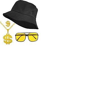 W WIDMANN MILANO Party Fashion - Set de mode hip-hop des années 90, chapeau de pêcheur, lunettes, chaîne, anneau, accessoire pour costumes de carnaval